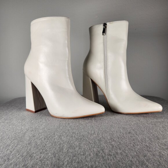 Boohoo Ivory Leather Bootie Block Heel Pointed Toe Size 8 - Picture 1 of 10